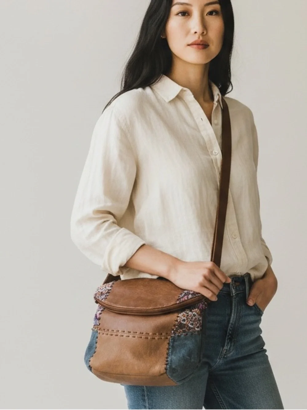 The Sak Deena Vintage Hobo Crossbody Shoulder Bag Distressed Boho Patchwork